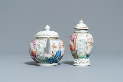 A Chinese famille rose teapot and caddy with a lady holding a small dog, Yongzheng/Qianlong