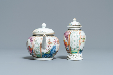 Een Chinese famille rose theepot en theebus met een dame met hondje, Yongzheng/Qianlong