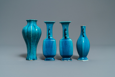 Eleven monochrome Chinese porcelain and Beijing glass vases, Kangxi and later