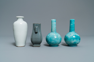 Eleven monochrome Chinese porcelain and Beijing glass vases, Kangxi and later