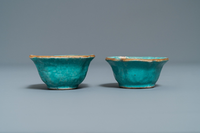 Seven Chinese monochrome green and turquoise porcelain wares, 19/20th C.