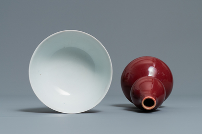 Seven Chinese monochrome pink and liver-red porcelain wares, Kangxi and later