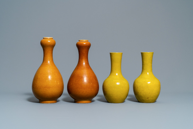 Three pairs of Chinese monochrome vases and a pair of dishes, 19/20th C.