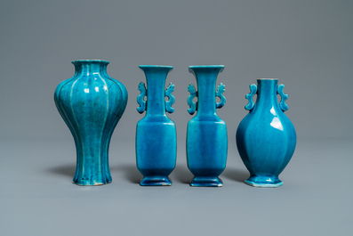 Eleven monochrome Chinese porcelain and Beijing glass vases, Kangxi and later