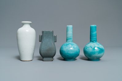 Eleven monochrome Chinese porcelain and Beijing glass vases, Kangxi and later