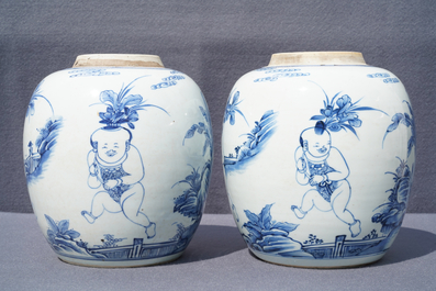 A pair of Chinese blue and white jars with boys in a garden, Kangxi
