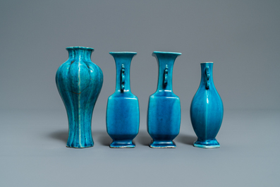 Eleven monochrome Chinese porcelain and Beijing glass vases, Kangxi and later