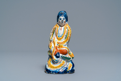 A polychrome Dutch Delft chinoiserie figure of the Chinese goddess Guanyin, 1st quarter 18th C.