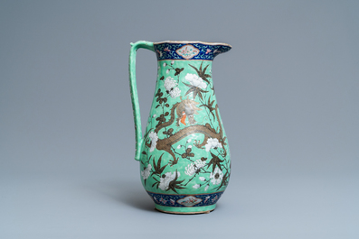 A large Chinese lime green-ground famille rose ewer and basin with dragons, 19th C.