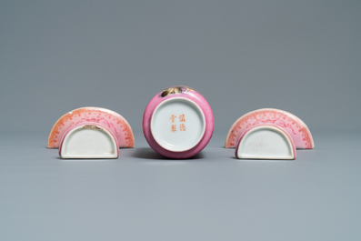 Sept pi&egrave;ces en porcelaine de Chine rose et rouge foie de mulet, Kangxi et apr&egrave;s