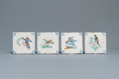 Four polychrome Dutch Delft 'bird' tiles, 1st half 17th C.