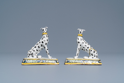 A pair of polychrome Brussels faience models of greyhounds, ca. 1800