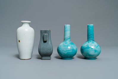 Eleven monochrome Chinese porcelain and Beijing glass vases, Kangxi and later