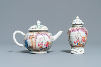 A Chinese famille rose teapot and caddy with a lady holding a small dog, Yongzheng/Qianlong