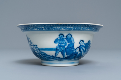 A Chinese blue and white bowl with an unusual scene with slaves, Qianlong