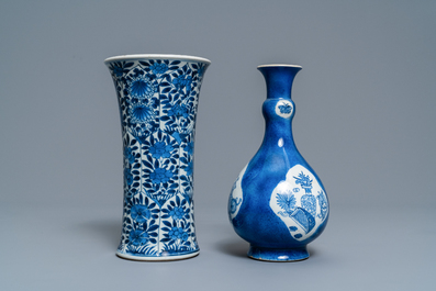 A Chinese powder blue-ground bottle vase and a blue and white vase with floral design, Kangxi