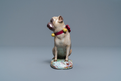 A polychrome Tournai faience model of a pug, 18th C.