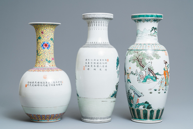Cinq vases en porcelaine de Chine famille rose et verte, R&eacute;publique