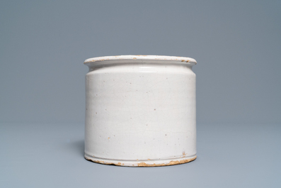 A rare monochrome white Brussels faience albarello, seal mark for Stevens, 1st half 19th C.