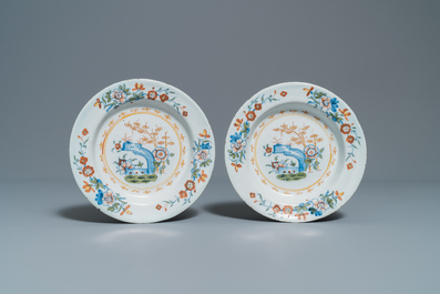 Four polychrome Brussels faience plates with chinoiserie design, 18th C.