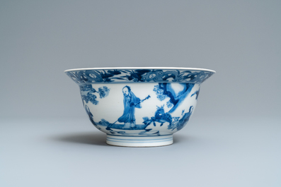 A Chinese blue and white klapmuts bowl with figures in a landscape, Kangxi mark and of the period