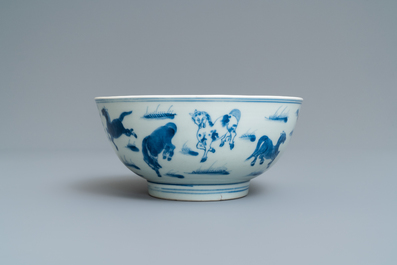 A Chinese blue and white 'Eight horses of general Mu Wang' bowl, Yongle mark, Kangxi