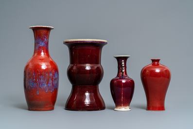 Four Chinese monochrome flamb&eacute; and sang-de-boeuf vases, 19/20th C.