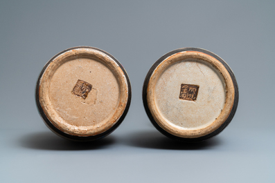 A pair of Chinese Nanking famille rose crackle-glazed 'warrior' vases, 19th C.