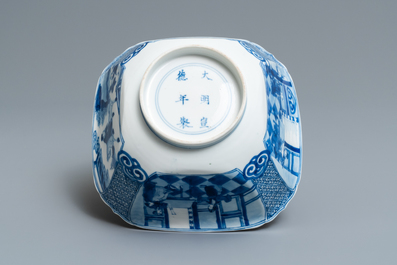 A square Chinese blue and white bowl, Xuande mark, Kangxi