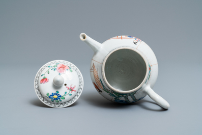 A Chinese famille rose teapot with ladies in a garden, Yongzheng