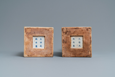 A pair of square Chinese famille noire vases, Kangxi mark, 19th C.