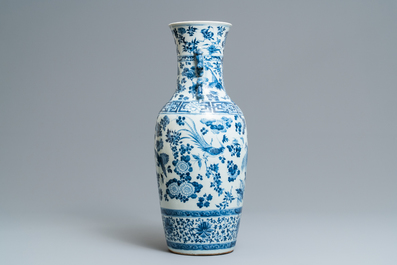 A Chinese blue and white vase with birds among flowers, 19th C.
