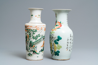 A Chinese famille verte rouleau vase and a famille rose vase, 19th C.