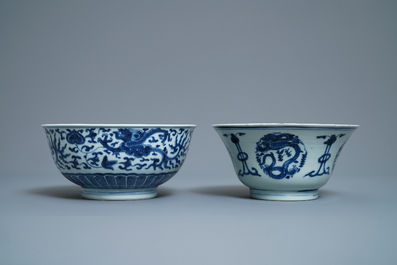 Five Chinese blue and white bowls, Kangxi/Yongzheng