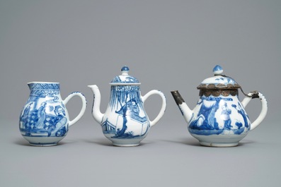 Two Chinese blue and white teapots and a cream jug, Yongzheng