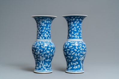 A pair of Chinese blue and white 'prunus on cracked ice' yenyen vases, Kangxi