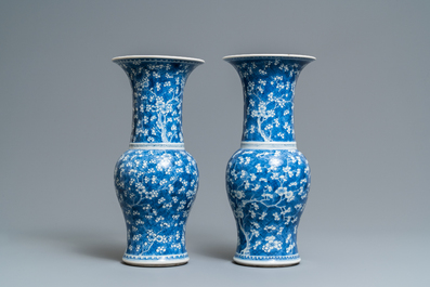 A pair of Chinese blue and white 'prunus on cracked ice' yenyen vases, Kangxi