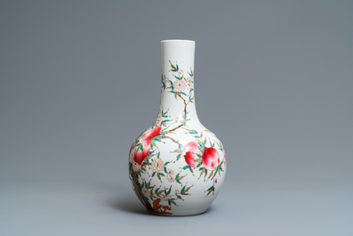 A Chinese famille rose 'nine peaches' bottle vase, Guangxu mark, 19/20th C.