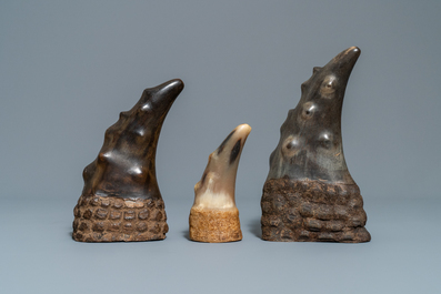 Three S&ugrave;ng t&ecirc; giac or scholar's objects in buffalo horn, Vietnam, 19th C.