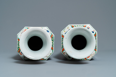 A pair of Chinese famille verte vases with birds and flowers, Kangxi