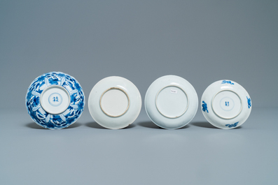 Four Chinese blue and white cups and saucers, Kangxi