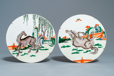 Five Chinese famille verte plaques with horses, 19th C.