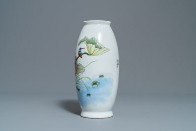 A polychrome Chinese 'kingfisher on lotus flower' vase, Qianlong mark, 20th C.