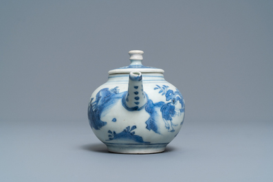 A Chinese blue and white teapot and cover with a figure in a landscape, Hatcher cargo shipwreck, Transitional period