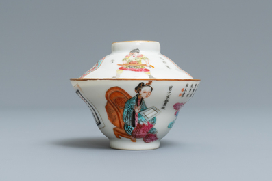 Une tasse couverte et soucoupe en porcelaine de Chine famille rose 'Wu Shuang Pu', marque et &eacute;poque de Daoguang
