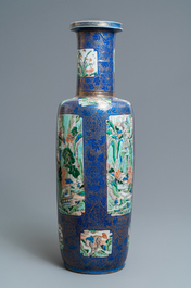 A massive Chinese famille verte on powder blue-ground rouleau vase, Kangxi