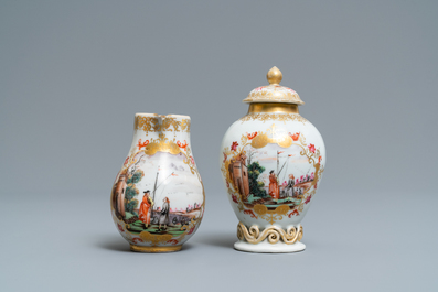A Chinese famille rose and gilt Meissen-style tea caddy and milk jug, Qianlong