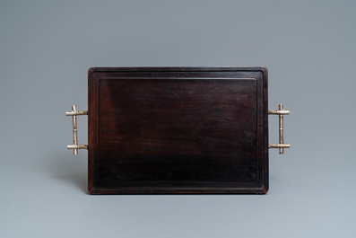Two Chinese wooden trays with engraved silver plaques and bamboo-shaped handles, 19th C.