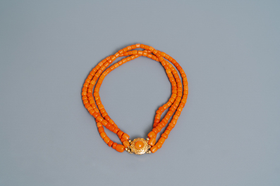 Two red coral necklaces with golden locks, The Netherlands, 19/20th C.