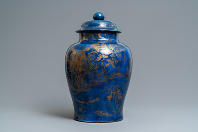 A large Chinese monochrome powder blue and gilt vase and cover, Kangxi